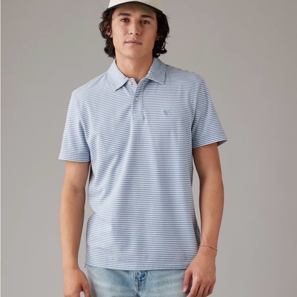American Eagle Men's Striped Polo Shirt - Blue and White Mens small